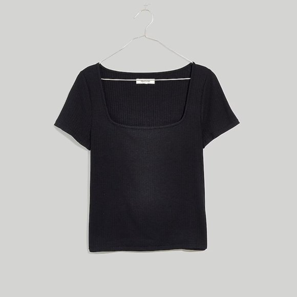 MADEWELL TRUE BLACK SHORT SLEEVE RIBBED SQUARE-NECK CROP TEE TOP - Picture 2 of 4